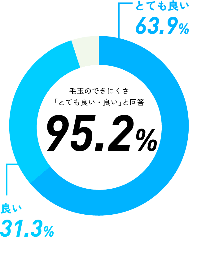 とても良い：63.9％ 良い：31.3％
			毛玉のできにくさ「とても良い・良い」と回答：95.2%